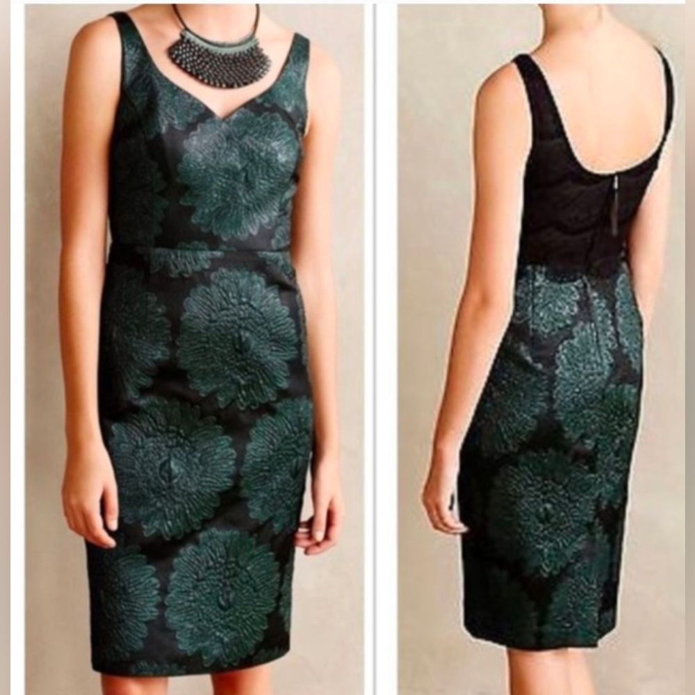 Leifsdottir Anthropologist zip blooms sheath floral green formal mini dress sz 4